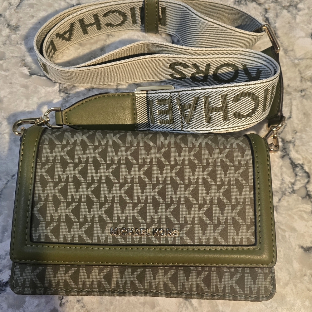 Michael Kors Olive Green and Beige MK Logo Crossbody Bag - Picture 2 of 10